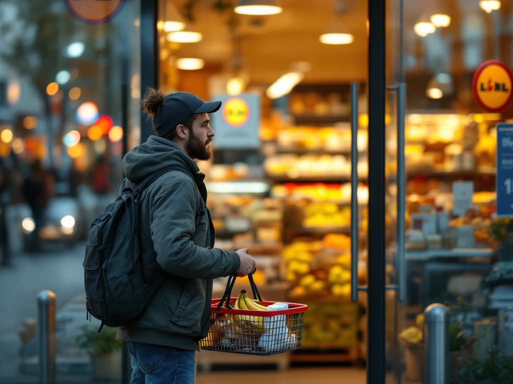 Gender-neutral remote worker in travel clothes entering modern European supermarket with shopping basket during evening hour