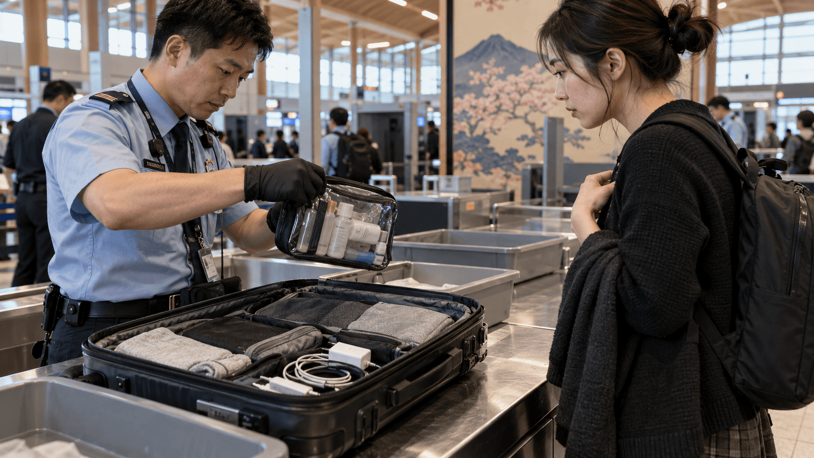 An airport security officer inspecting a passenger's carry-on baggage during a security check.