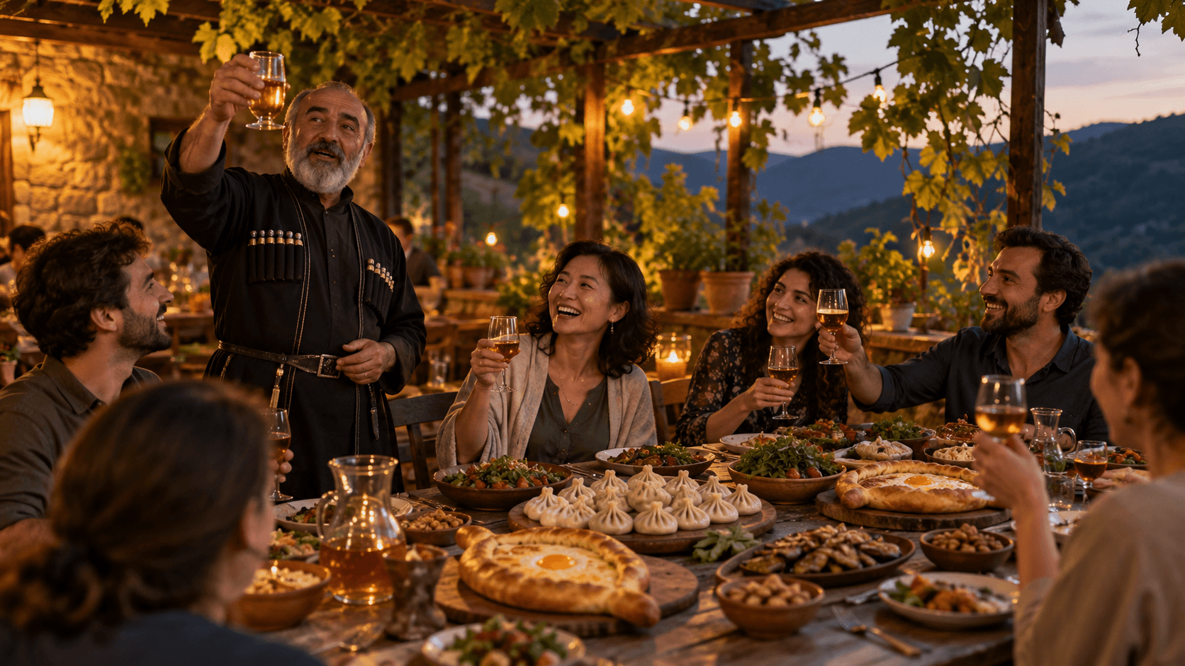 Group raising a toast around a Georgian feast table with several dishes and glasses of wine at sunset.