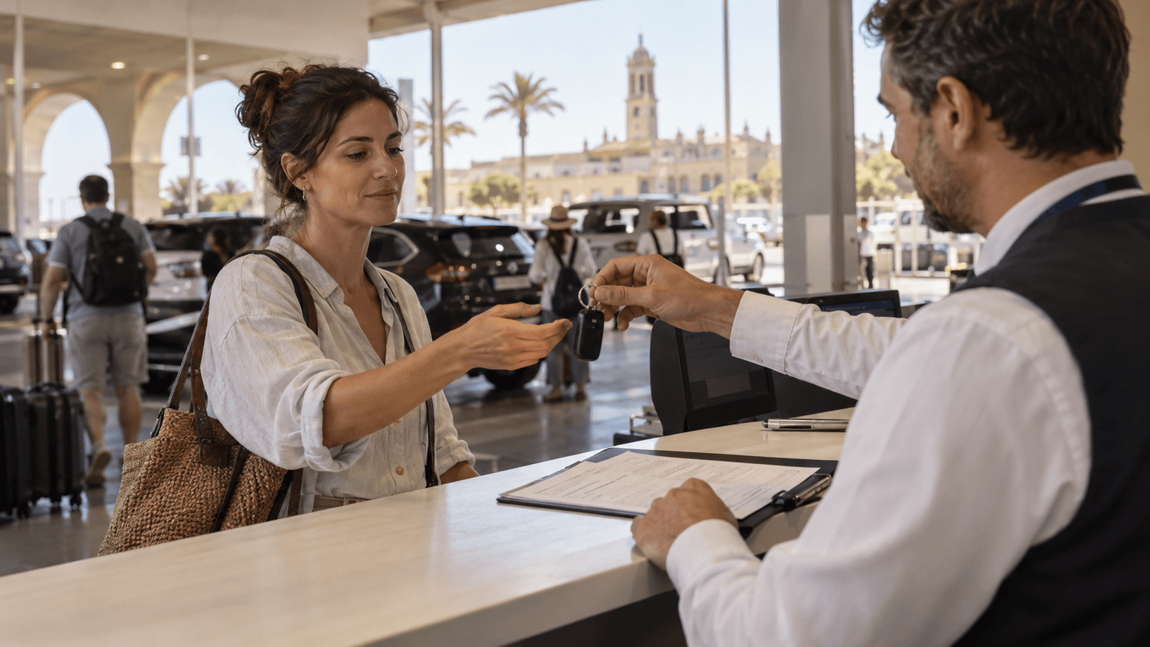 A car rental agent handing keys to a customer at an airport rental counter.