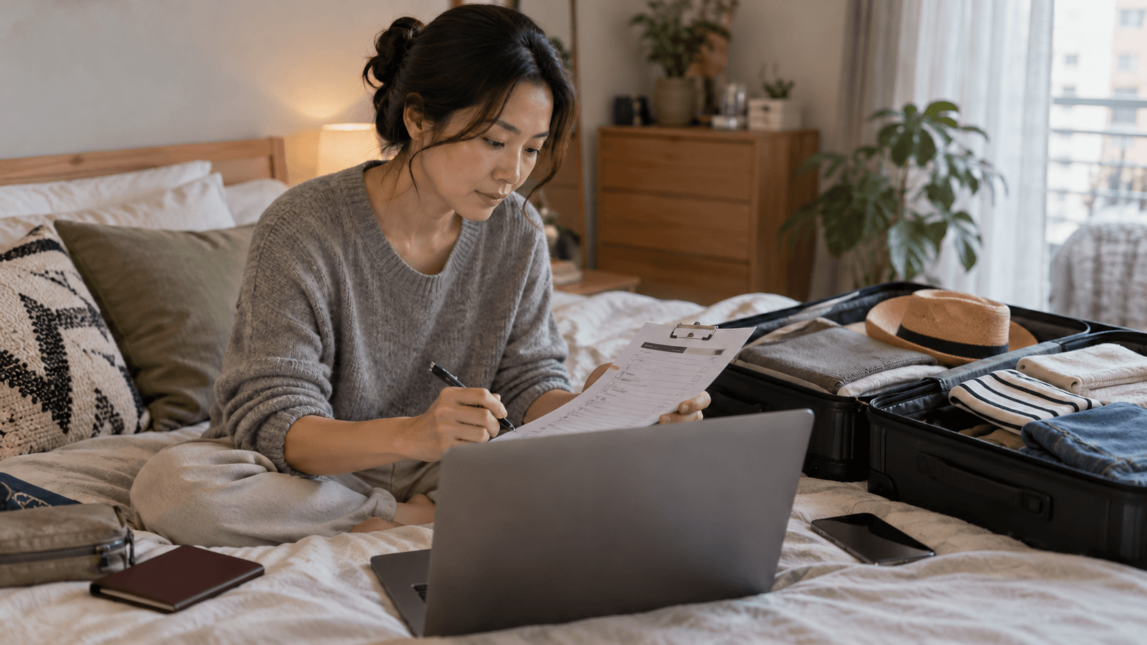 Woman reviewing documents on a bed with a closed suitcase, laptop, and travel items nearby.