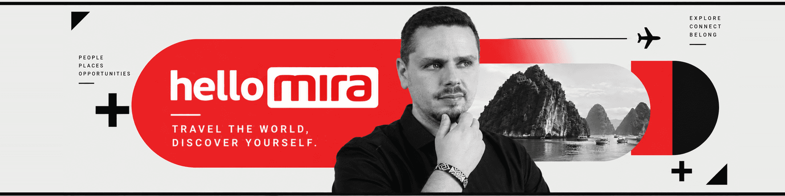 Visuel Hello Mira avec le portrait de Cédric Tumminello et la signature « Travel the world, discover yourself ».