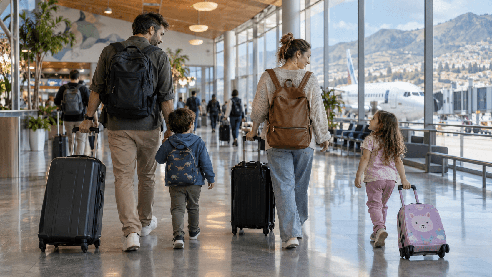 A family walking through an airport terminal with luggage heading toward a plane.