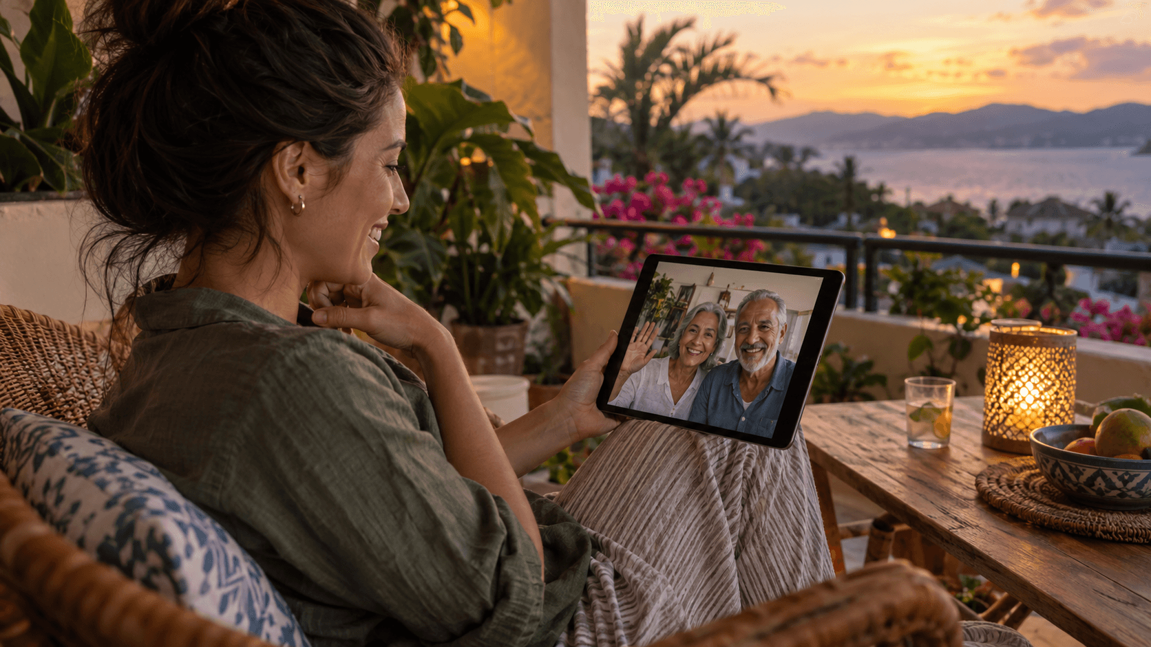 Femme en appel vidéo avec ses parents sur tablette, vue de balcon tropical au coucher de soleil.