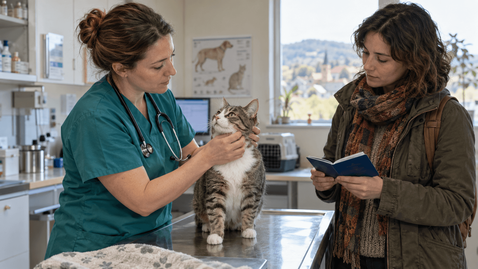 Veterinarian examining a tabby cat on an exam table in the presence of its owner.