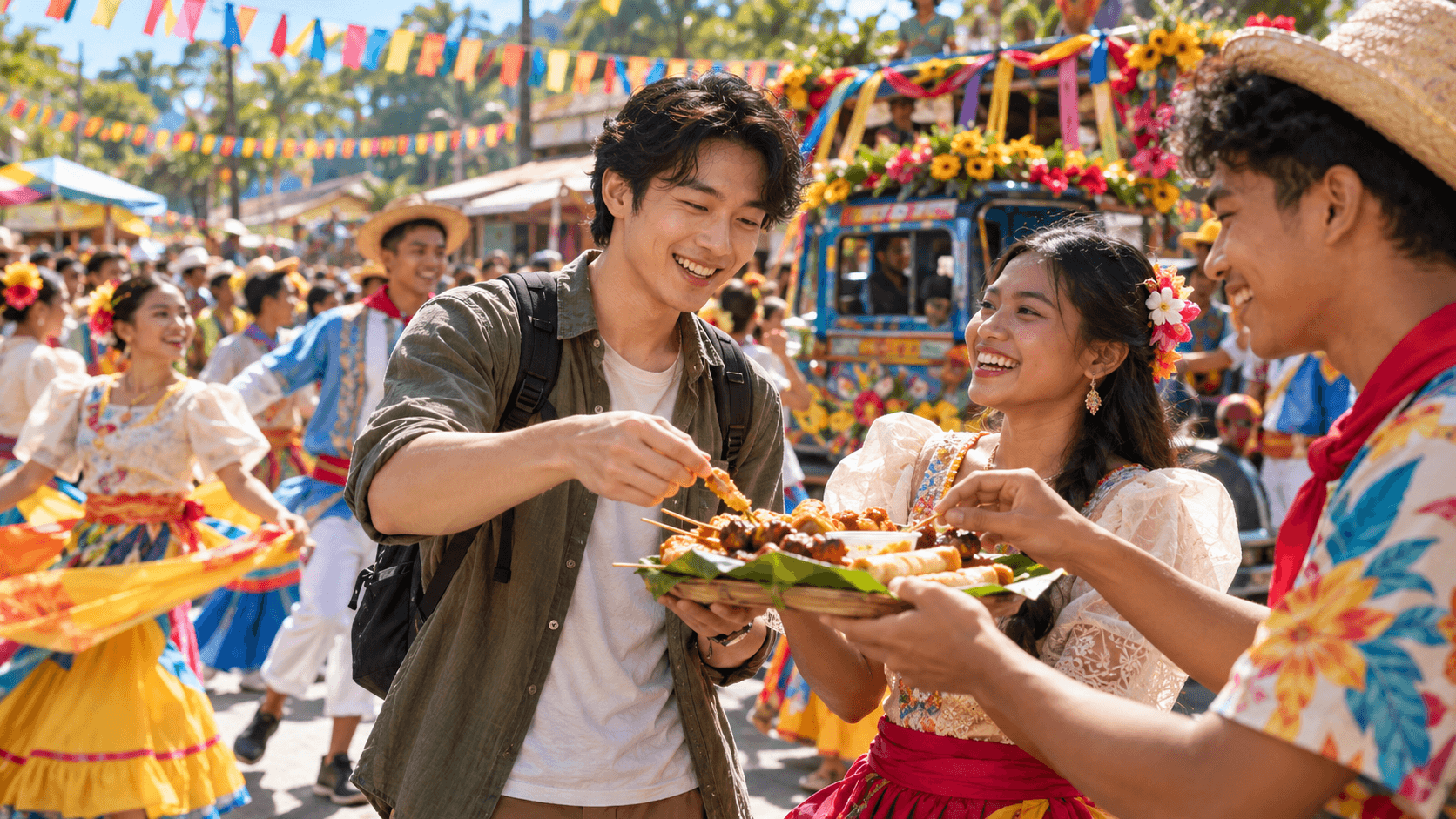 Viaggiatore che condivide un pasto e sorride insieme ad abitanti balinesi durante una festosa celebrazione culturale a Bali.