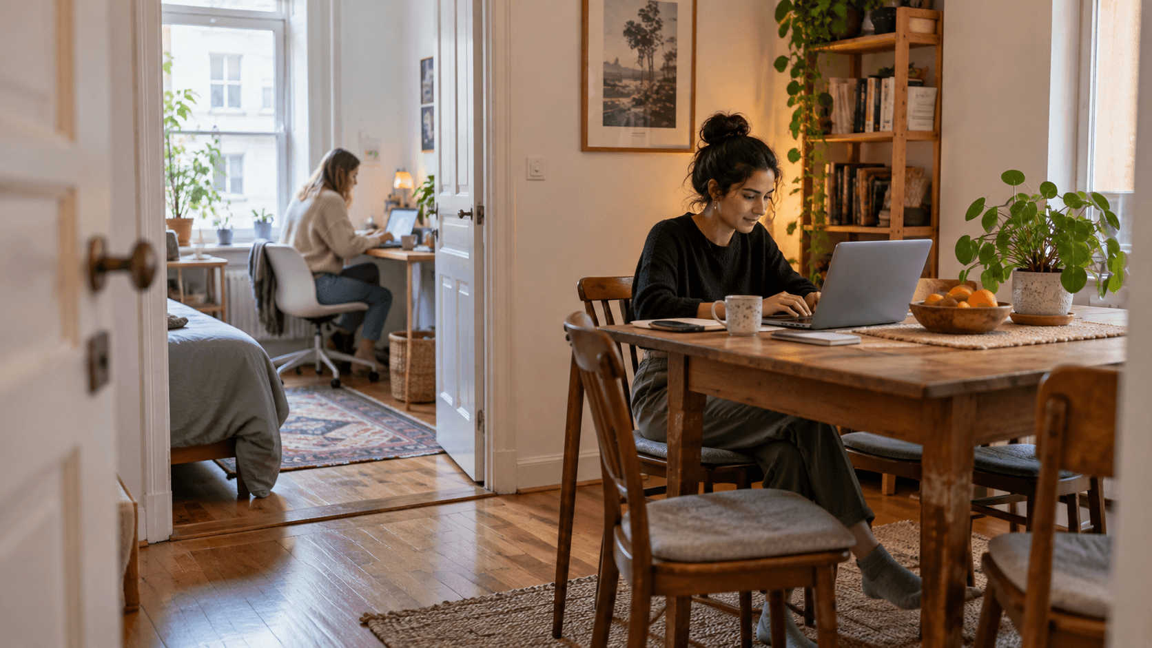 Woman using a laptop at a dining table in a bright apartment with plants and natural light.