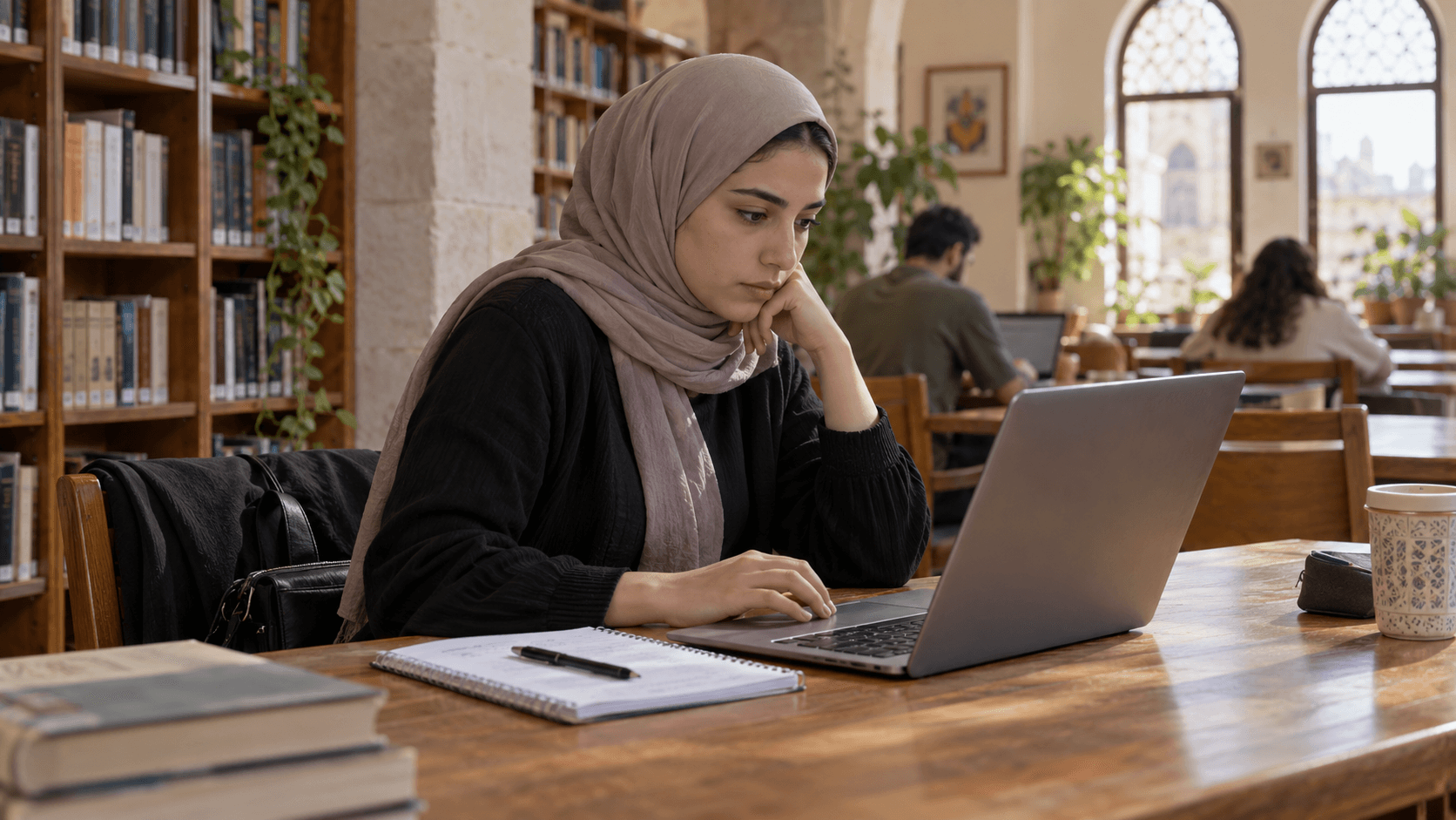 Woman working on a laptop in a coworking space with shelving and other remote workers.