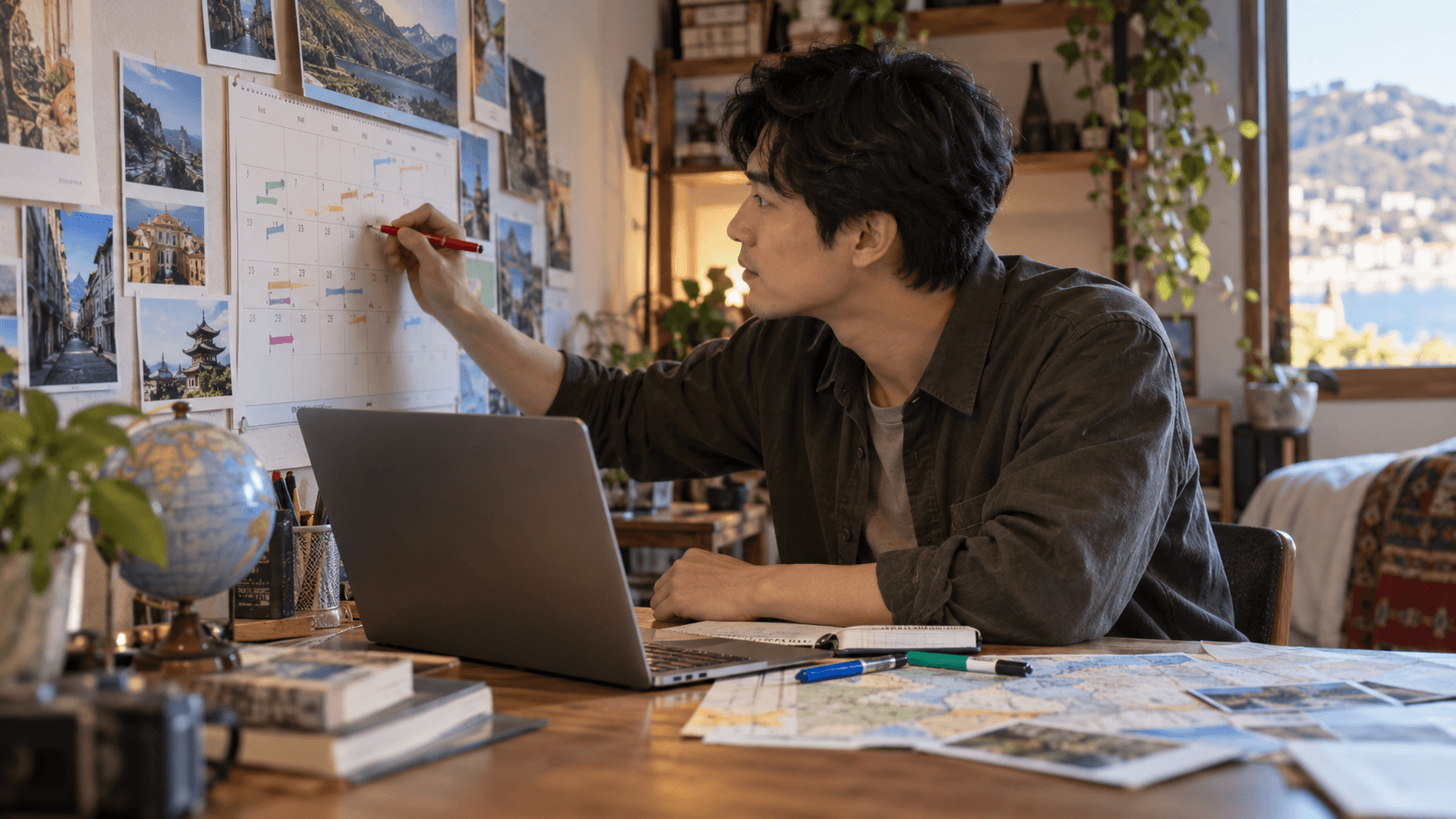 A digital nomad marking a calendar on the wall while working on a laptop, planning travel deadlines.