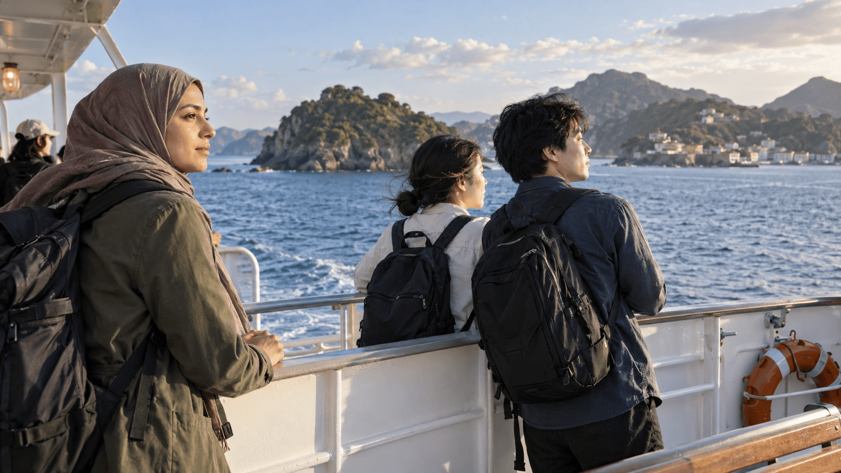 Passengers on the deck of a ferry looking out at the sea, with a mountainous coastline and the horizon in the distance.