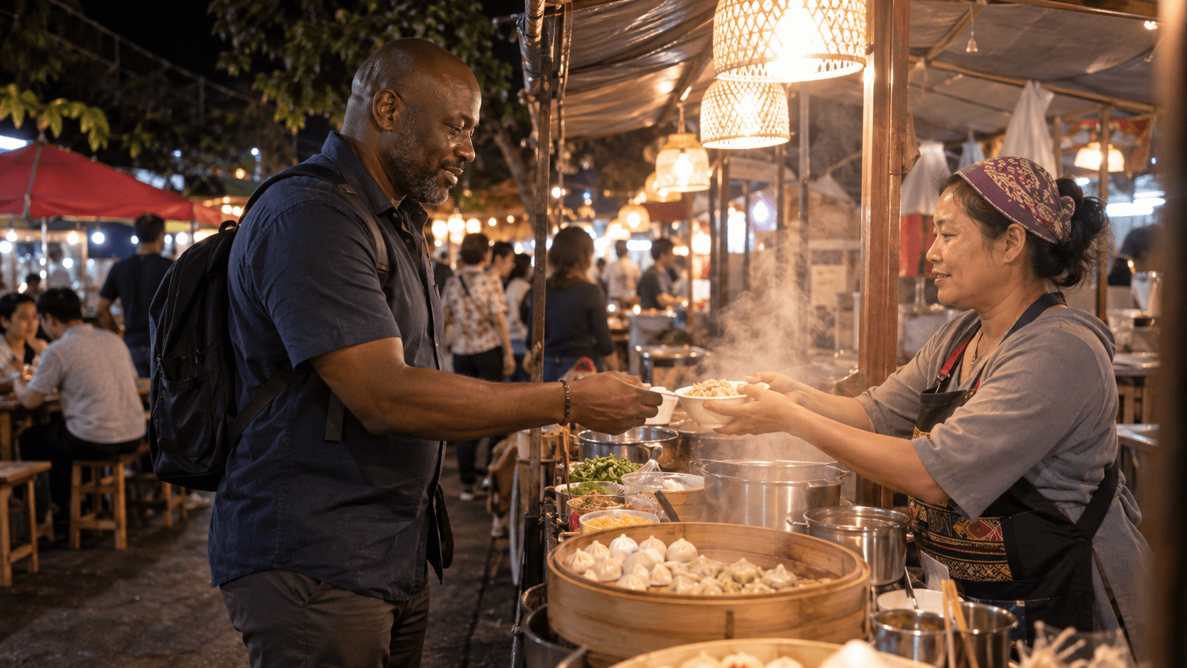 Customer buying food from a vendor at a Thai night market with stalls and crowds