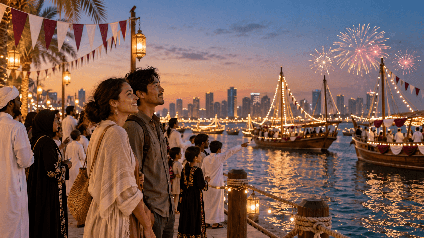 Batumi seafront promenade at sunset with illuminated traditional boats, festive decorations and a modern skyline.