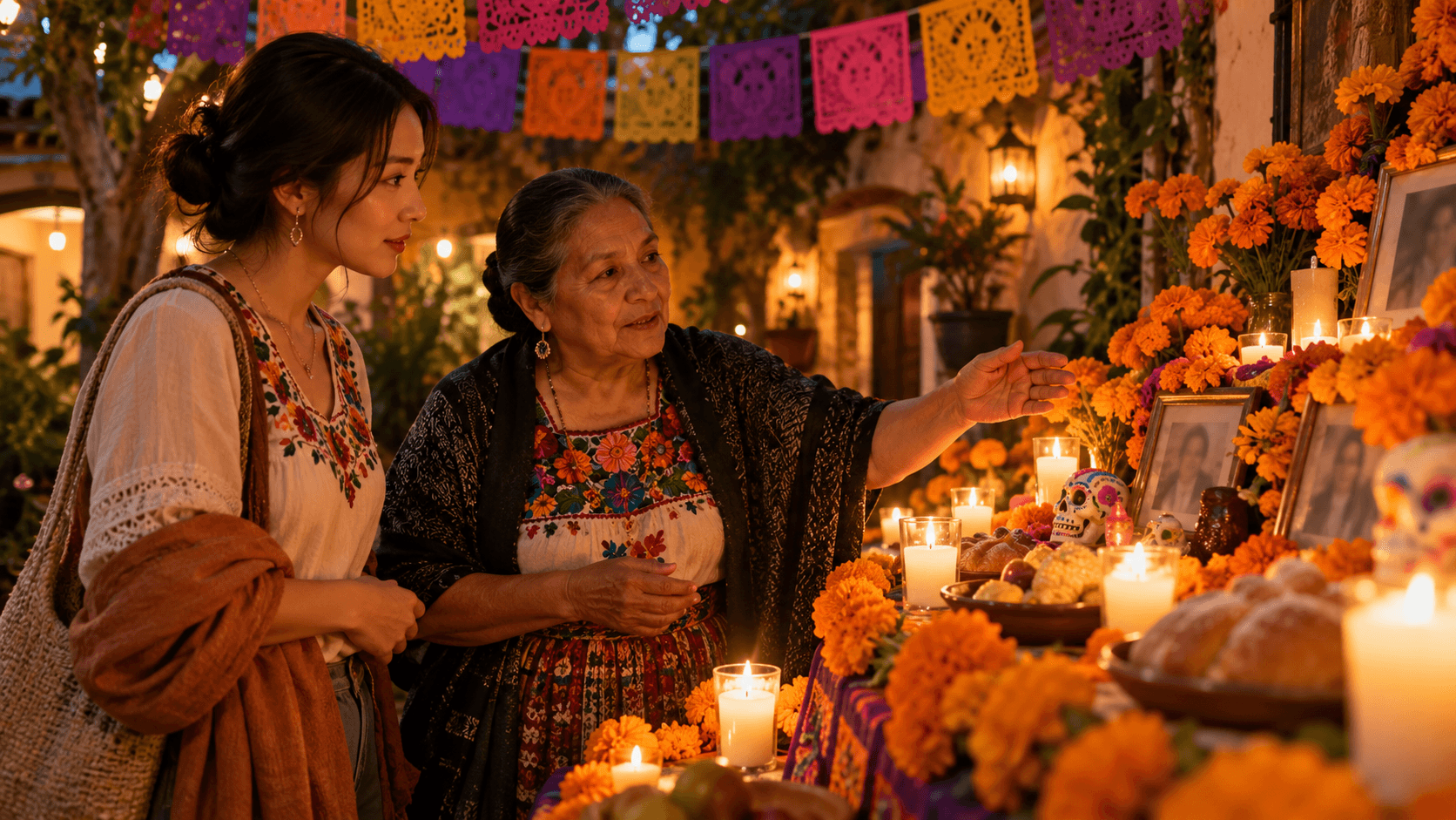 Women at a Día de Muertos altar with marigolds, candles, and traditional decorations.
