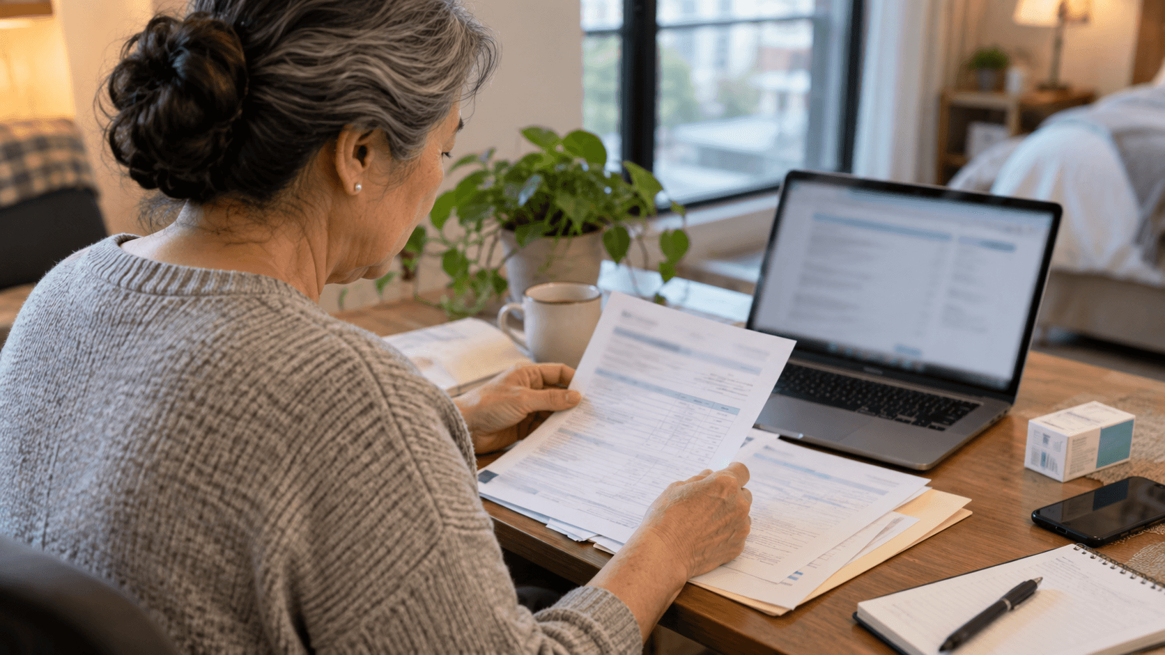 Woman reviewing travel documents at a desk with a laptop and phone.