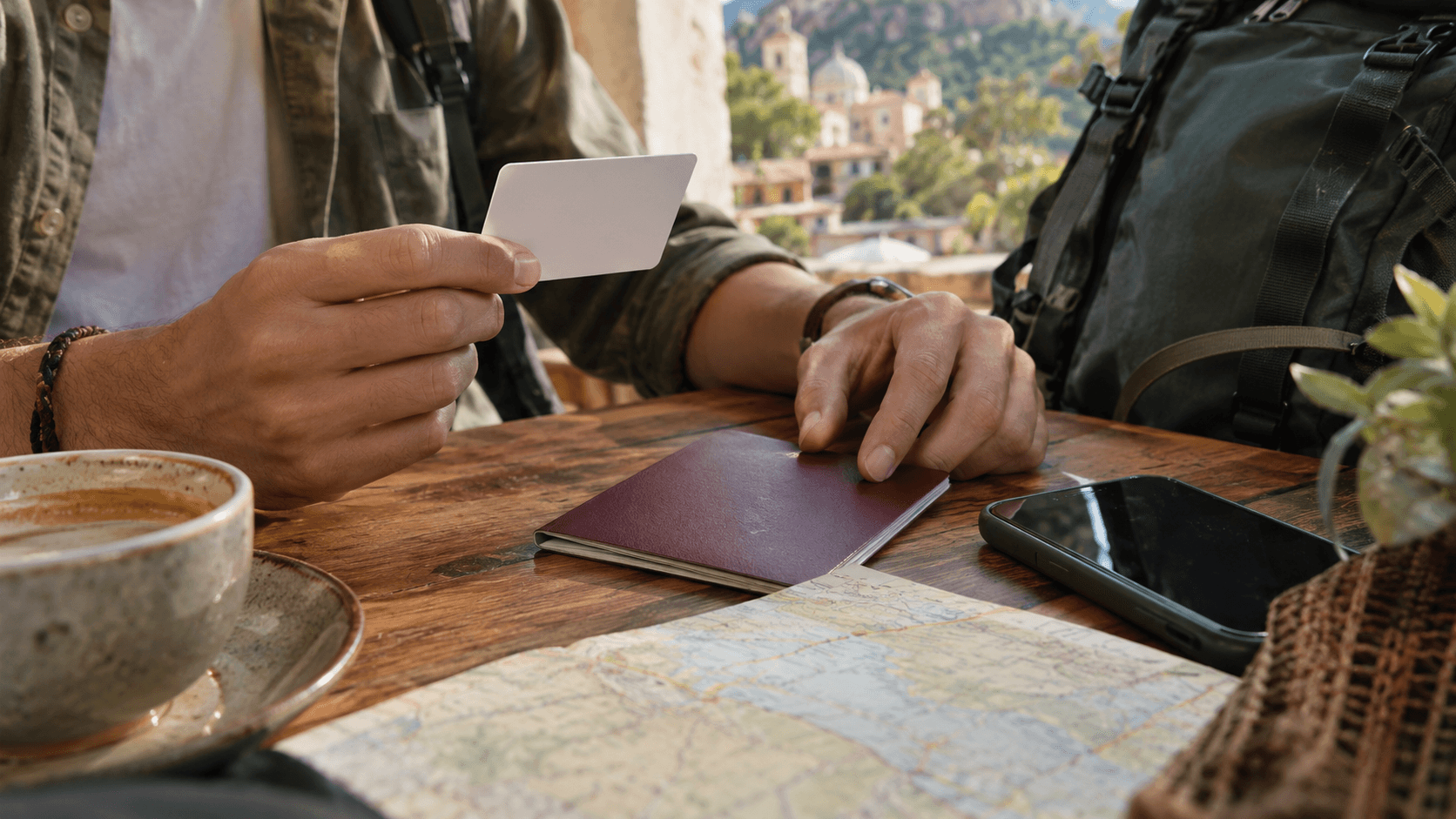 A digital nomad holding a blank card beside a passport and a card on a table in Colombia.