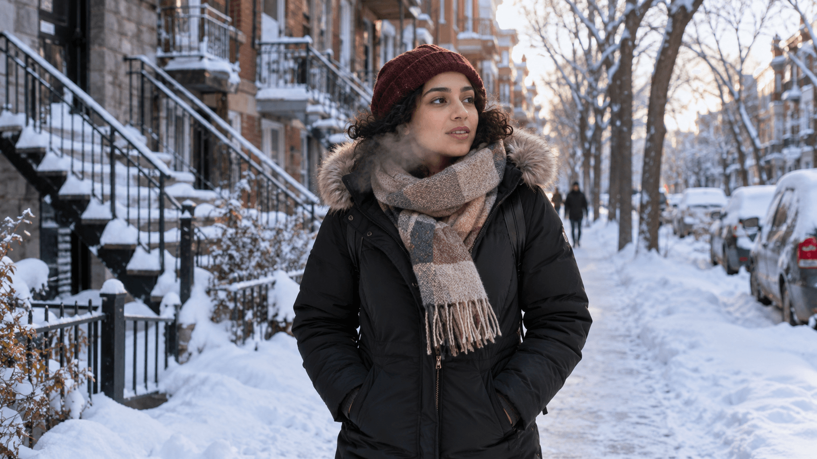 Woman on a snowy street in Montreal with residential buildings and metal exterior staircases in winter.