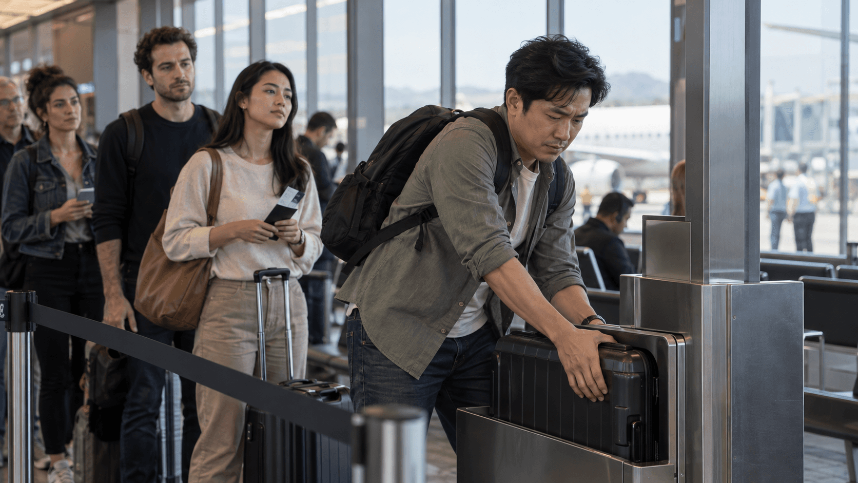 Voyageur vérifiant son téléphone à la file d'attente de l'aéroport avec bagages et autres passagers.