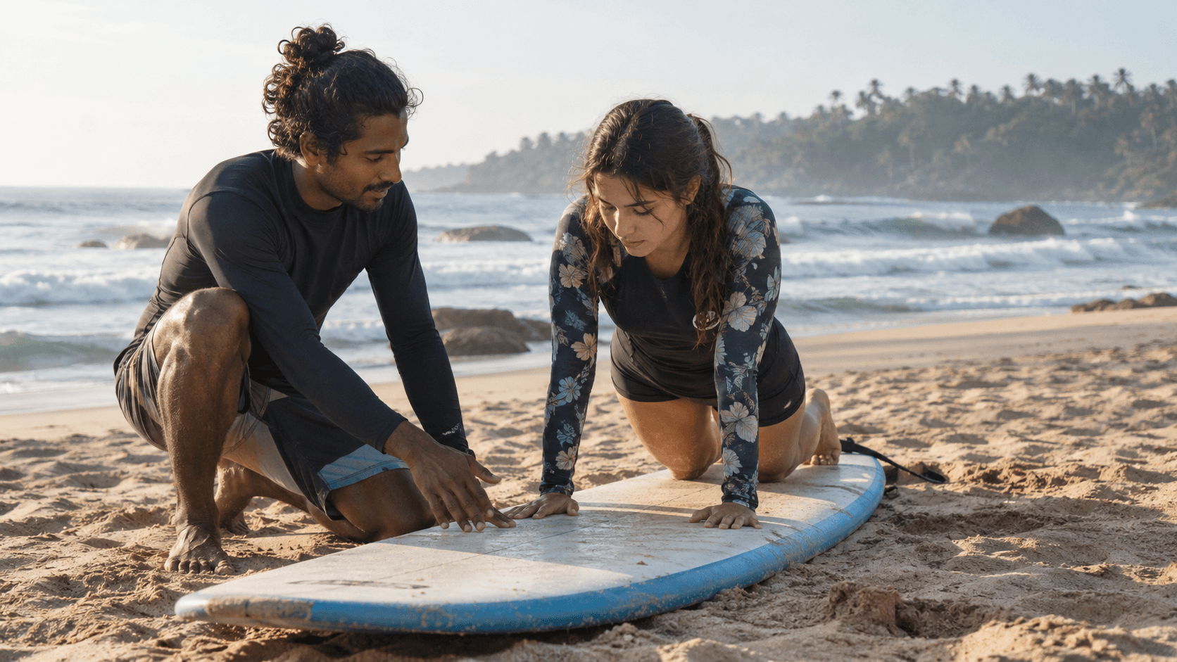 Surfers carrying boards on a palm-lined beach bay in Sri Lanka, with jungle and waves.