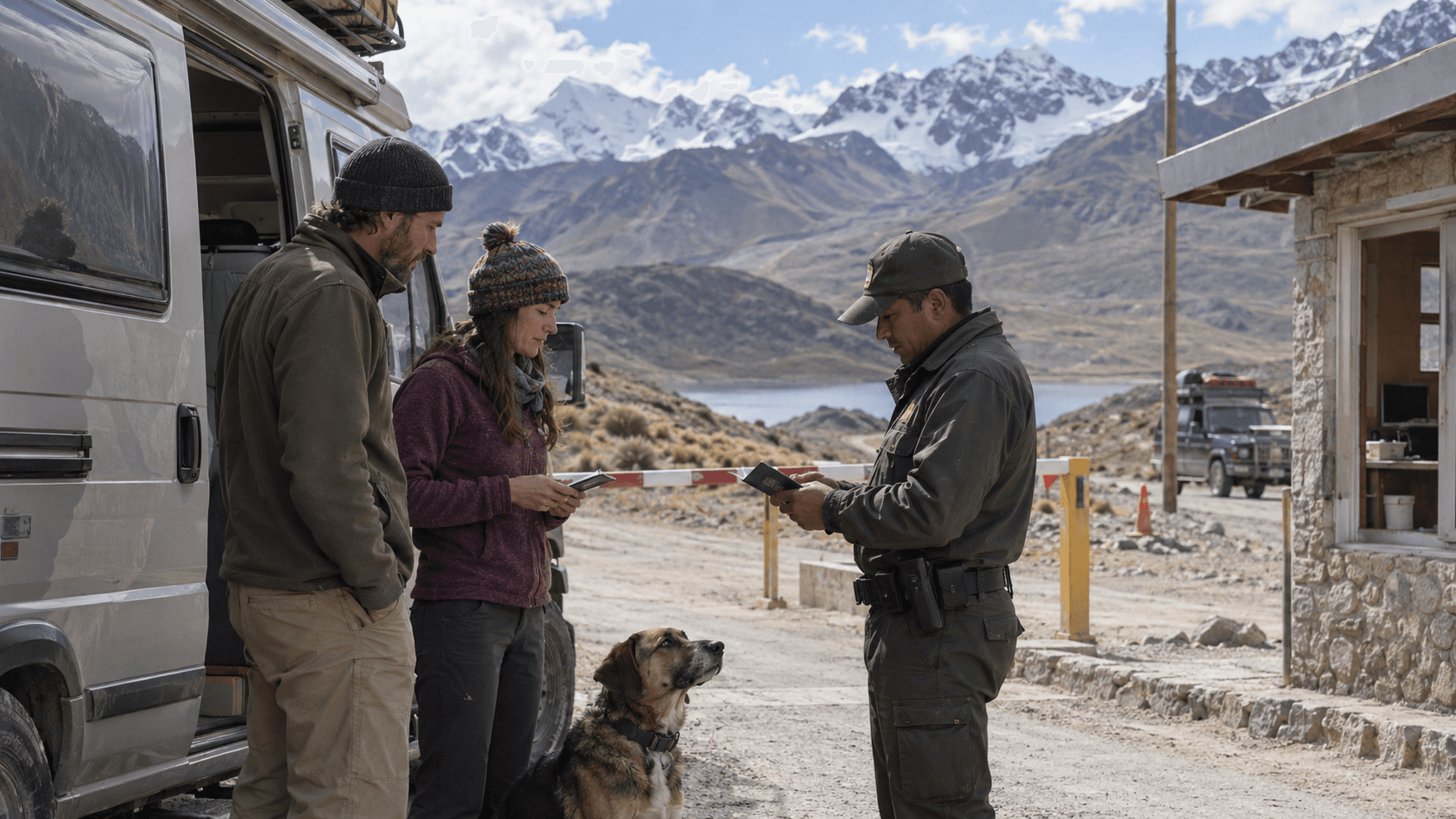 A couple showing their passports to a border guard in the mountains with their dog.