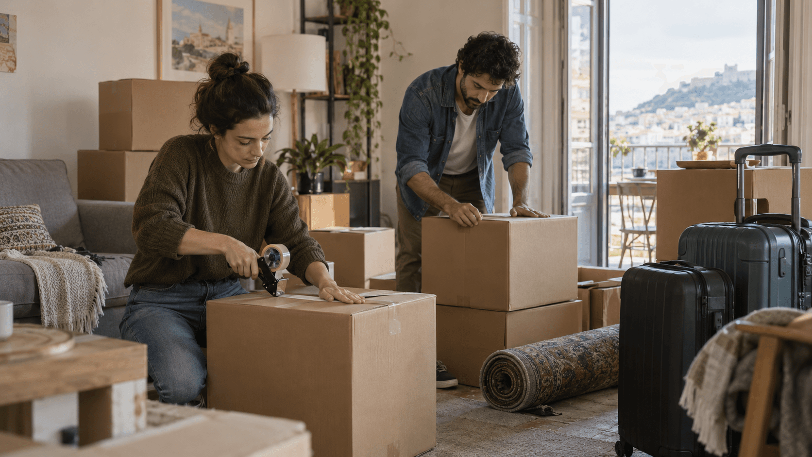 A couple packing boxes in a living room, in the middle of preparing for a move.