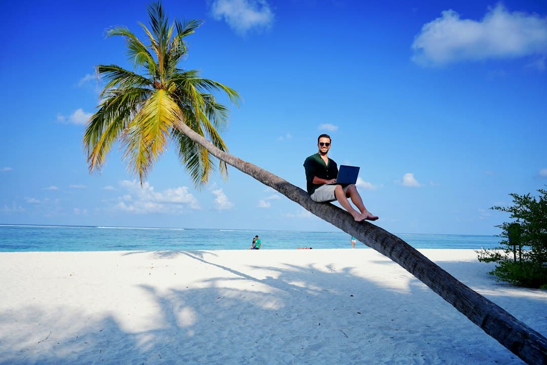 Digital nomad working on a laptop, sitting on a palm trunk on a tropical beach.