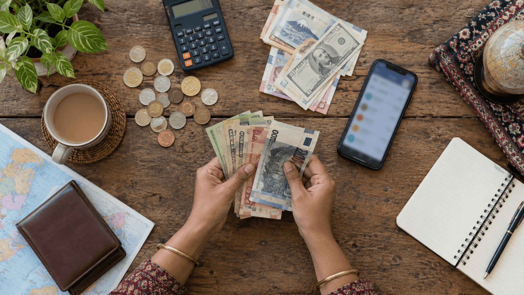 Calculator, euro banknotes, coins and a notebook on a wooden desk illustrating tax and financial planning.