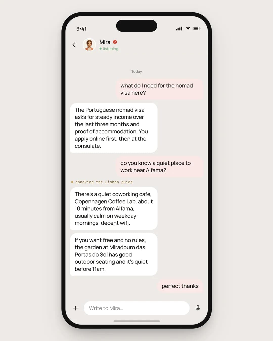 A conversation with the Mira Chat Companion answering a digital nomad visa question and suggesting a quiet place to work