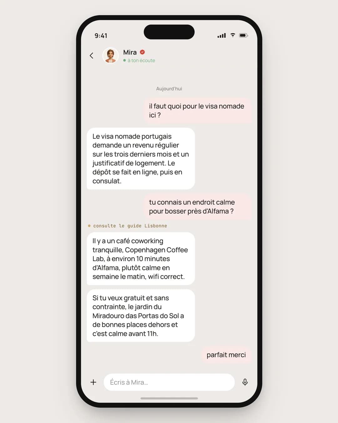 Une conversation avec le Companion de Mira Chat répondant à une question de visa nomade et proposant un endroit calme pour travailler