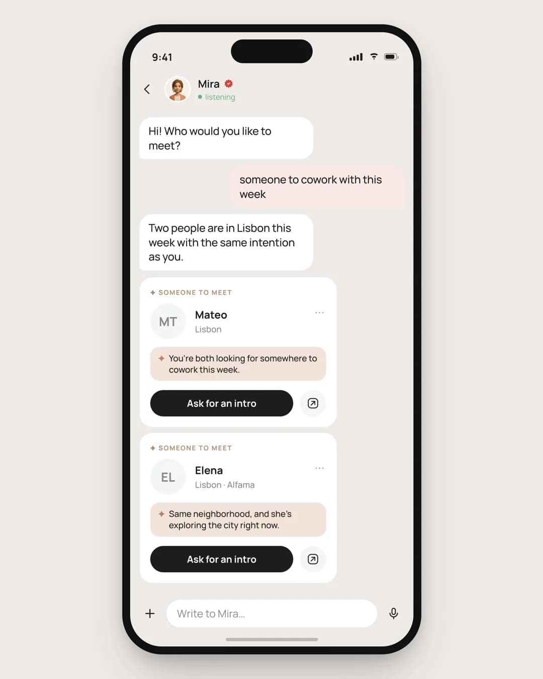 Mira Chat Connect screen suggesting two people in the same city who share a coworking intention