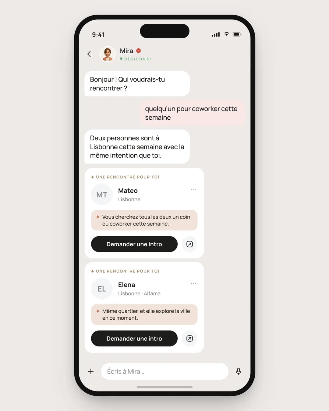 Écran Connect de Mira Chat suggérant deux personnes de la même ville partageant une intention de coworking
