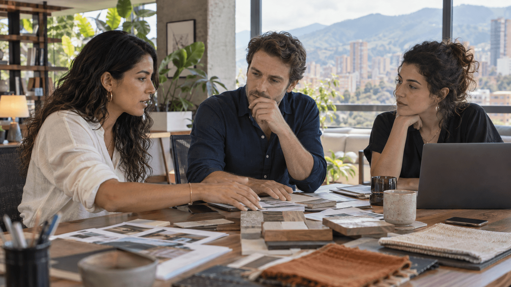 Modern apartment interior with a mountain city view; three people reviewing documents at a table.