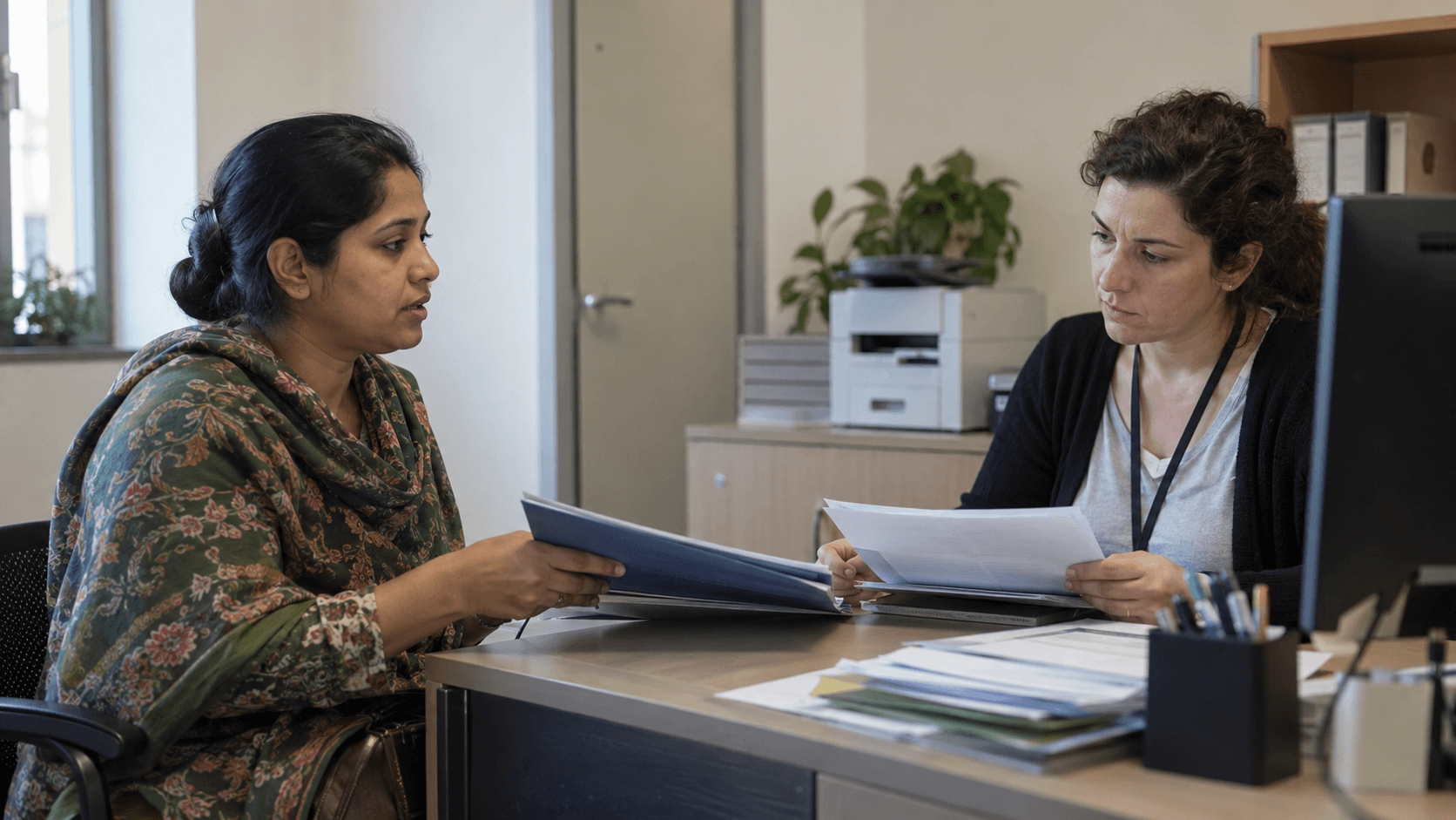 Two women reviewing administrative documents and files at a desk during a consultation.