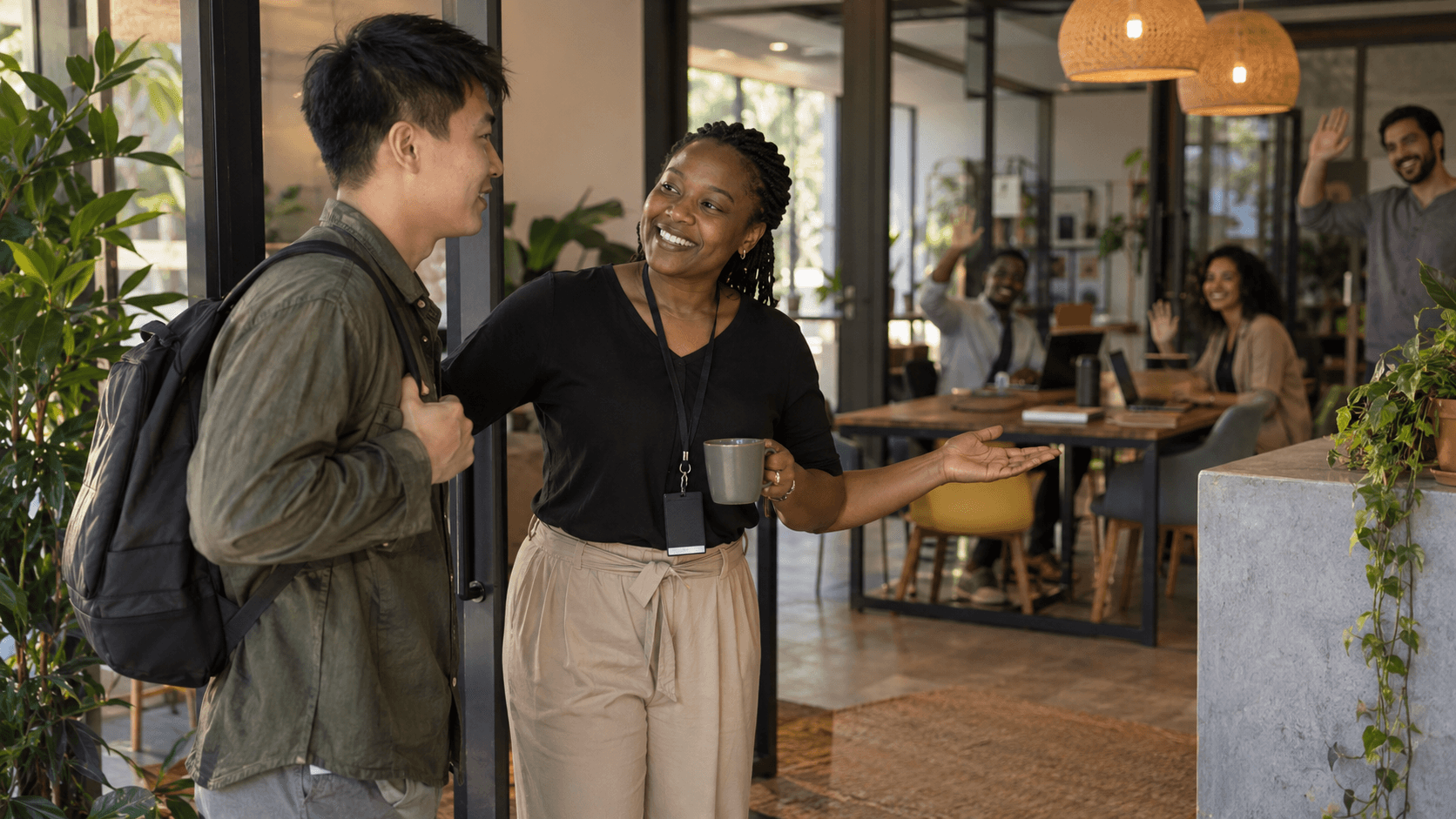Two professionals talking in a bright coworking space with colleagues working in the background.