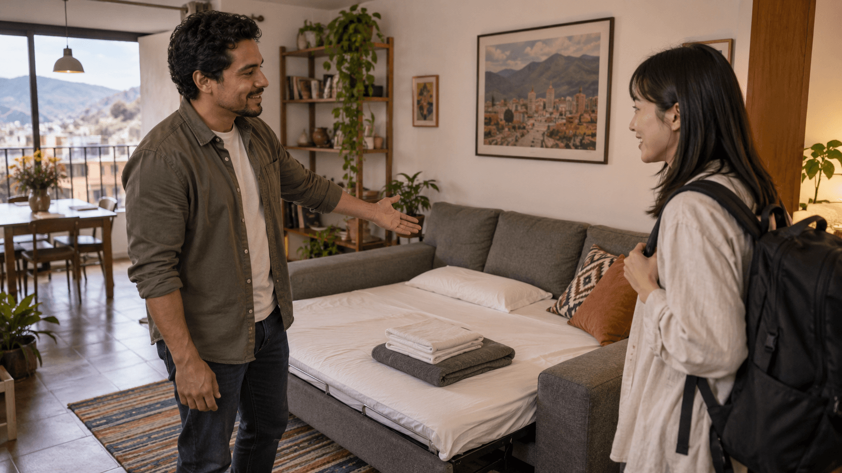 Two nomads visiting a bright apartment with a balcony overlooking the urban rooftops and distant mountains.