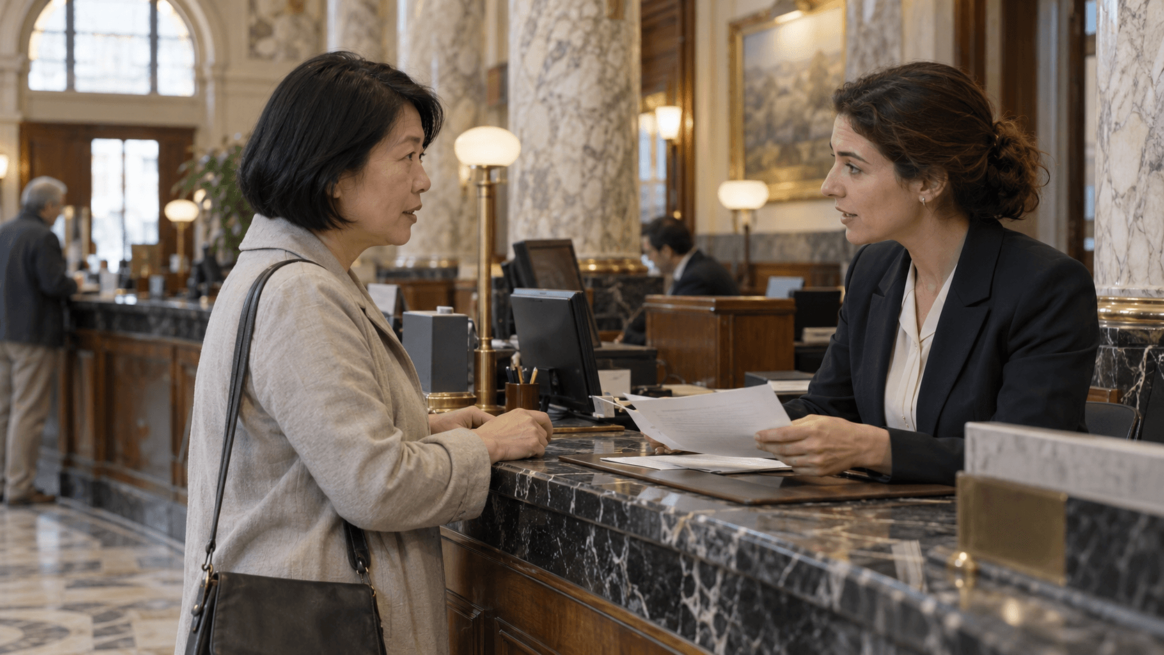 Customer at a bank counter talking with a banker in an elegant bank interior