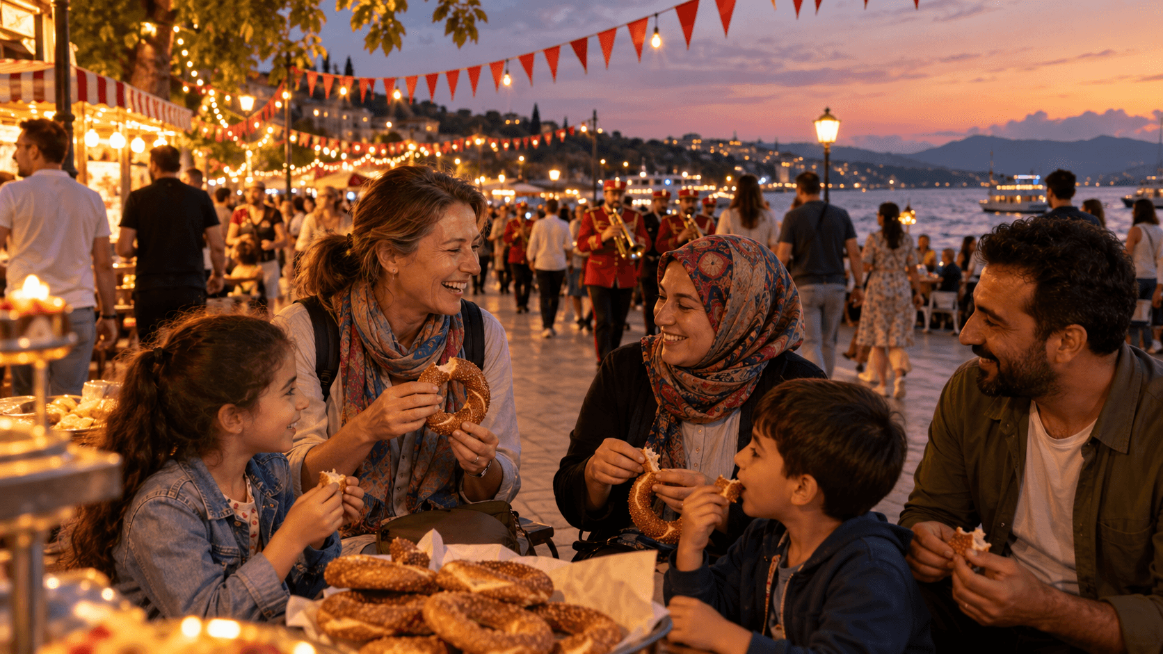 Phnom Penh riverside promenade at sunset with crowds, festive decorations and people eating.
