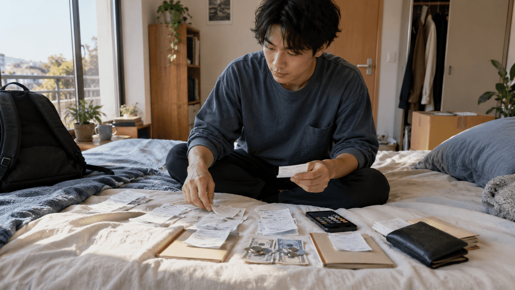 Digital nomad reviewing financial documents and invoices on a bed with a calculator to plan their budget.