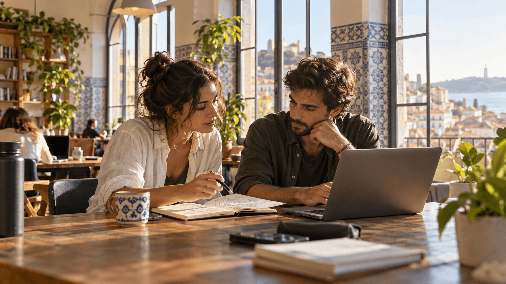 Two digital nomads collaborating on a laptop in a bright coworking space with a city view and plants.