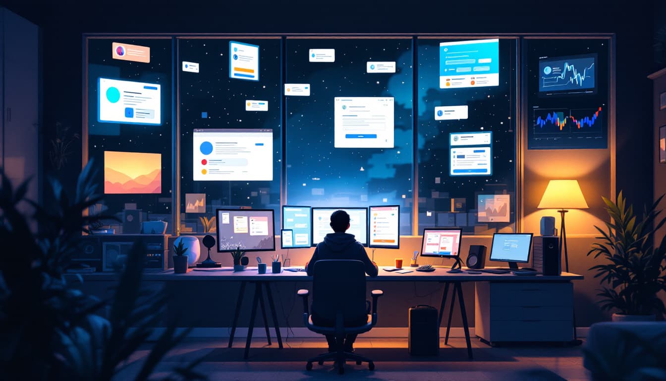 A lone person at a desk facing several screens at night, with floating notifications and data visualizations.