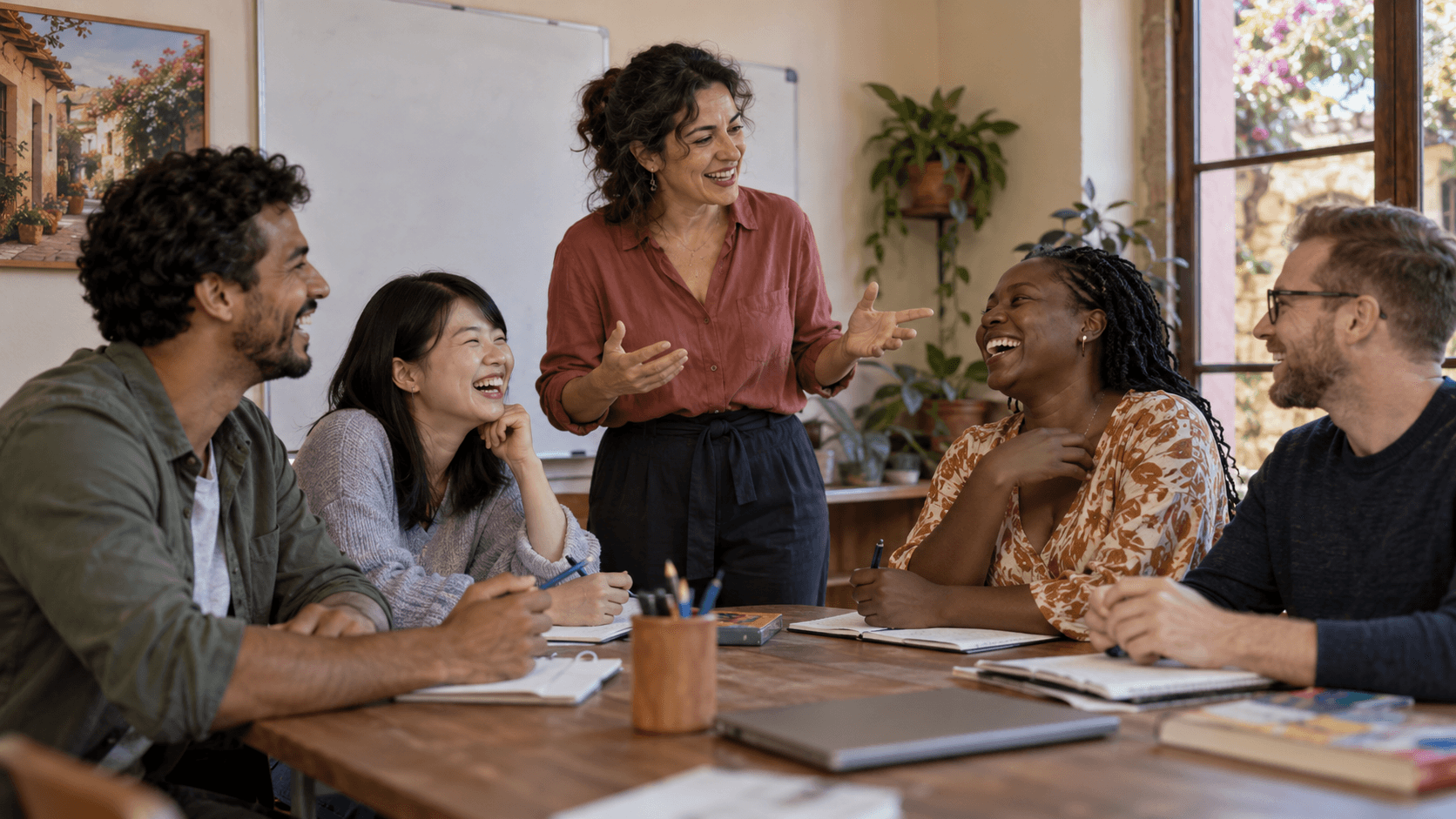 Professora a conduzir uma aula de línguas dinâmica com cinco estudantes diversos sentados à volta de uma mesa de madeira, sorridentes e a tomar notas.
