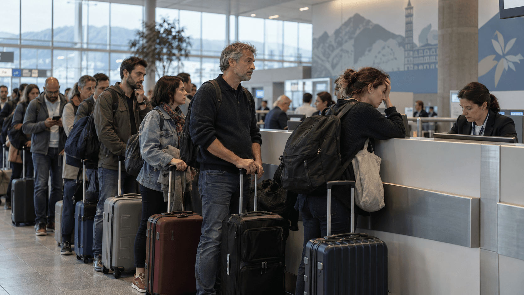 Reizigers met bagage die in de rij staan bij de incheckbalie op de luchthaven voor de douanecontrole.