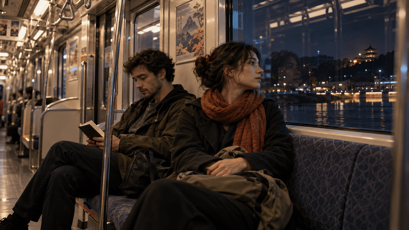 Passengers on a Buenos Aires subway train at night, with city lights reflected in the windows.