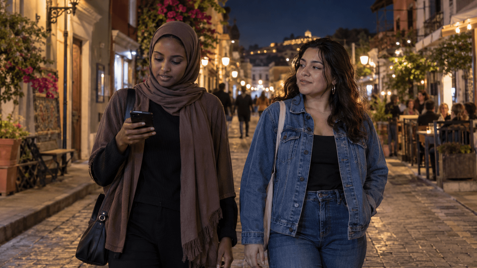 Duas mulheres caminhando e conversando numa rua pitoresca ao entardecer, com edifícios históricos e flores.