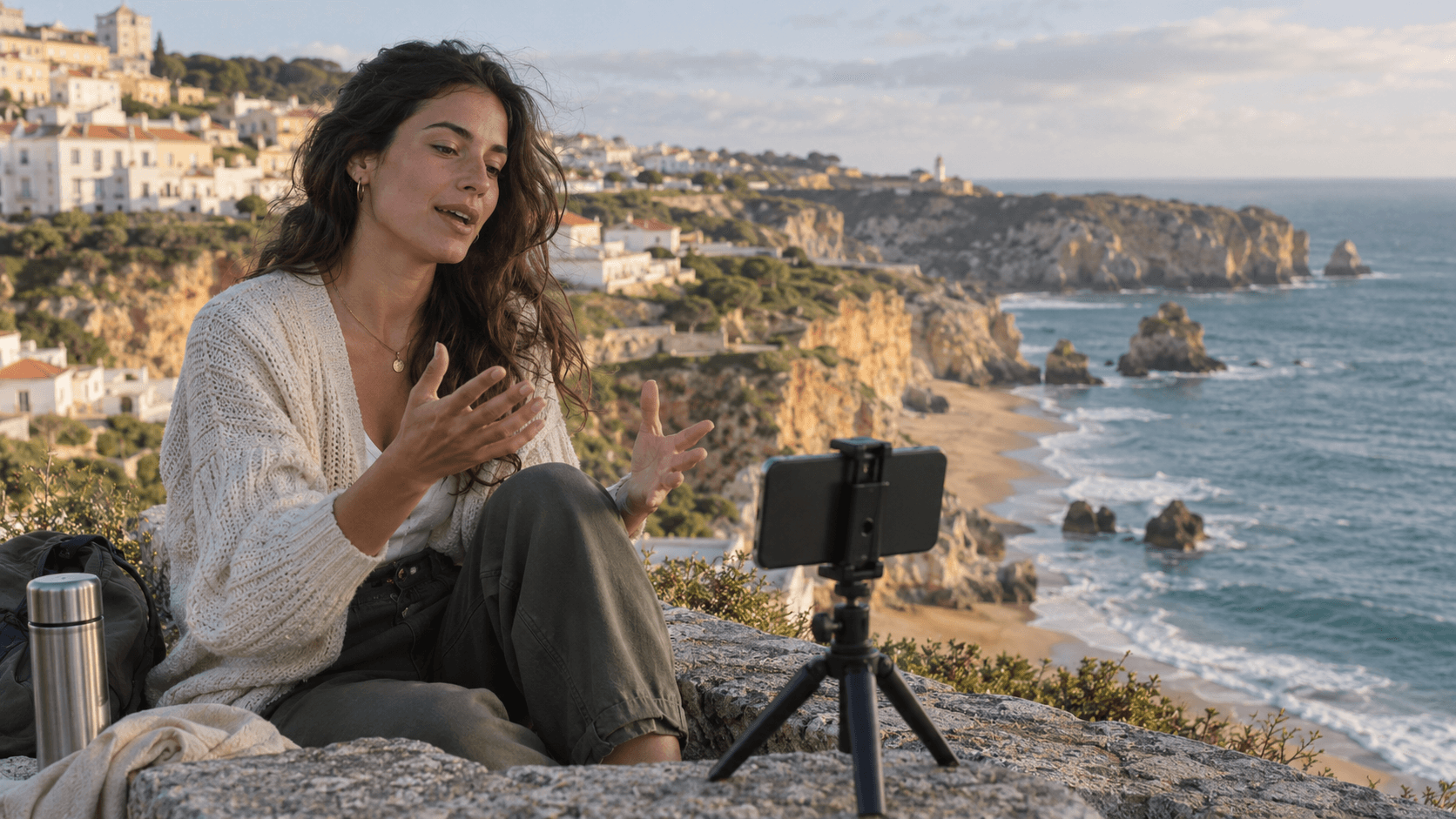 Digital nomad filming short-form video content with a smartphone on a tripod in a picturesque coastal location.