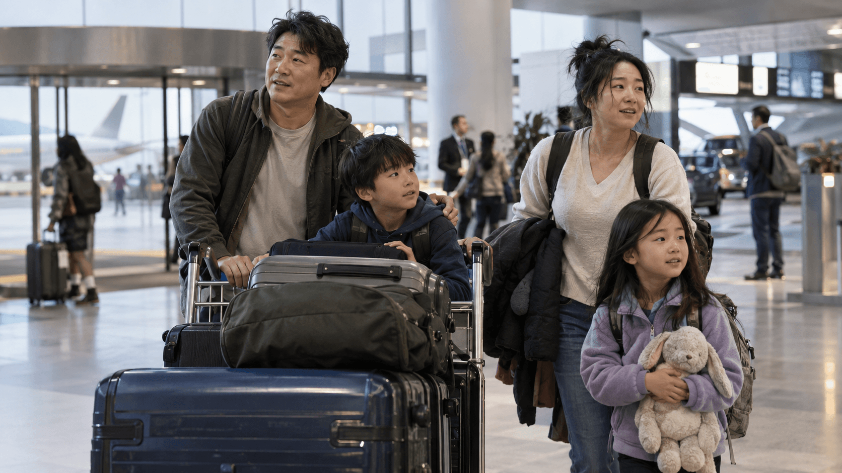 Famille avec enfants et bagages dans un hall d'aéroport après un retour de voyage