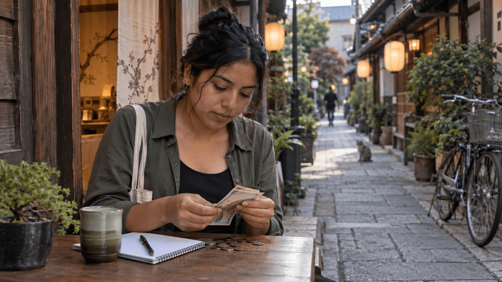 Woman counting money and coins at a café table on a picturesque street.