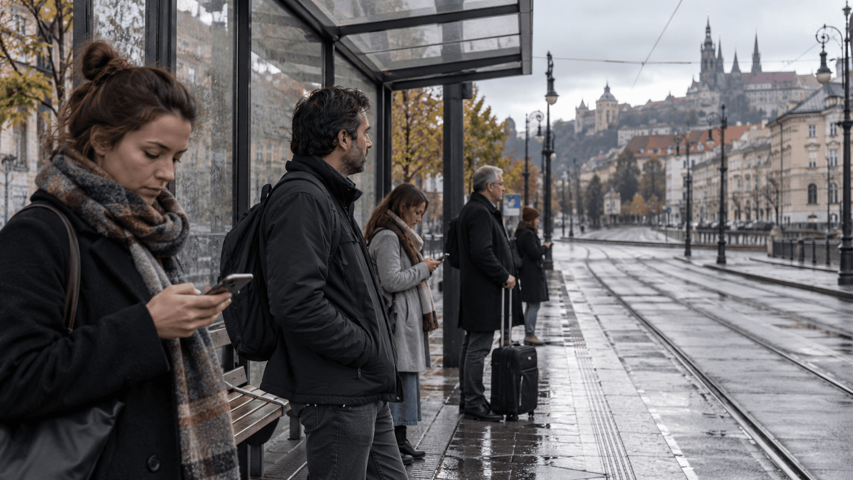 People waiting at a tram stop in Prague in rainy weather.