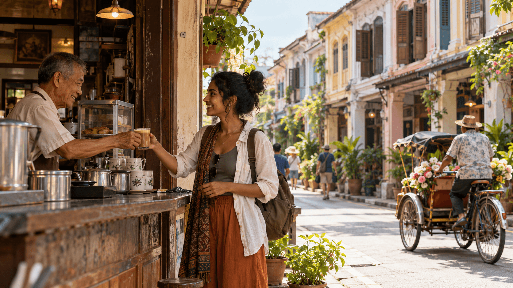 Woman at an outdoor café on a colorful Croatian street with historic architecture and a horse-drawn carriage