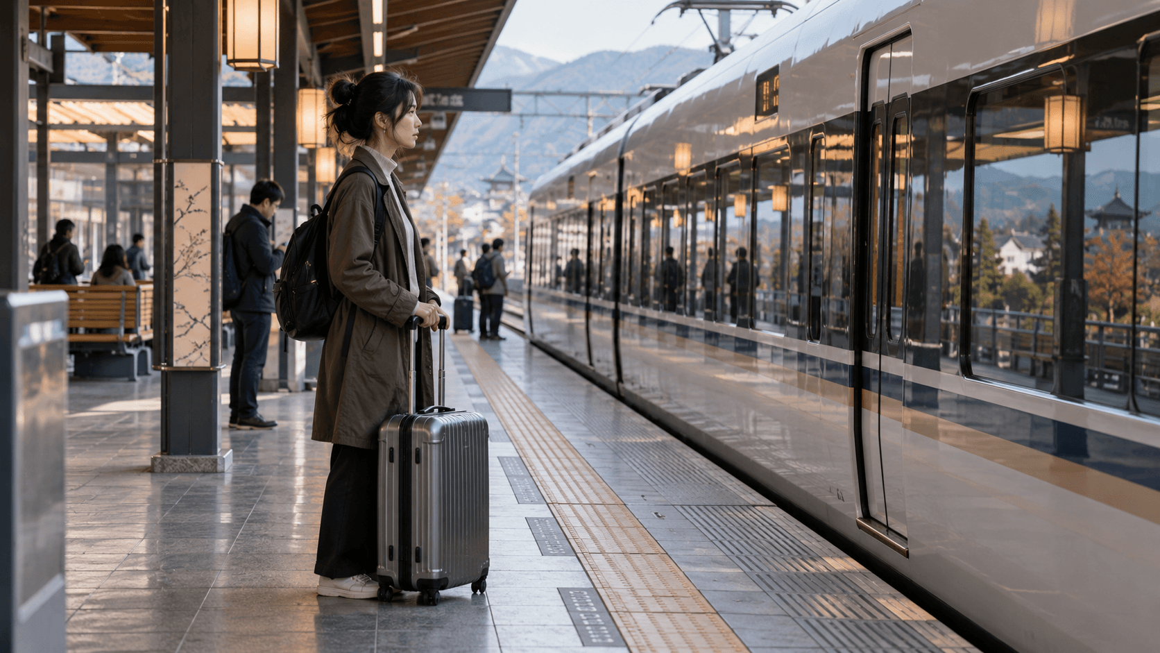 Traveler with a suitcase waiting on the platform next to a modern high-speed train.