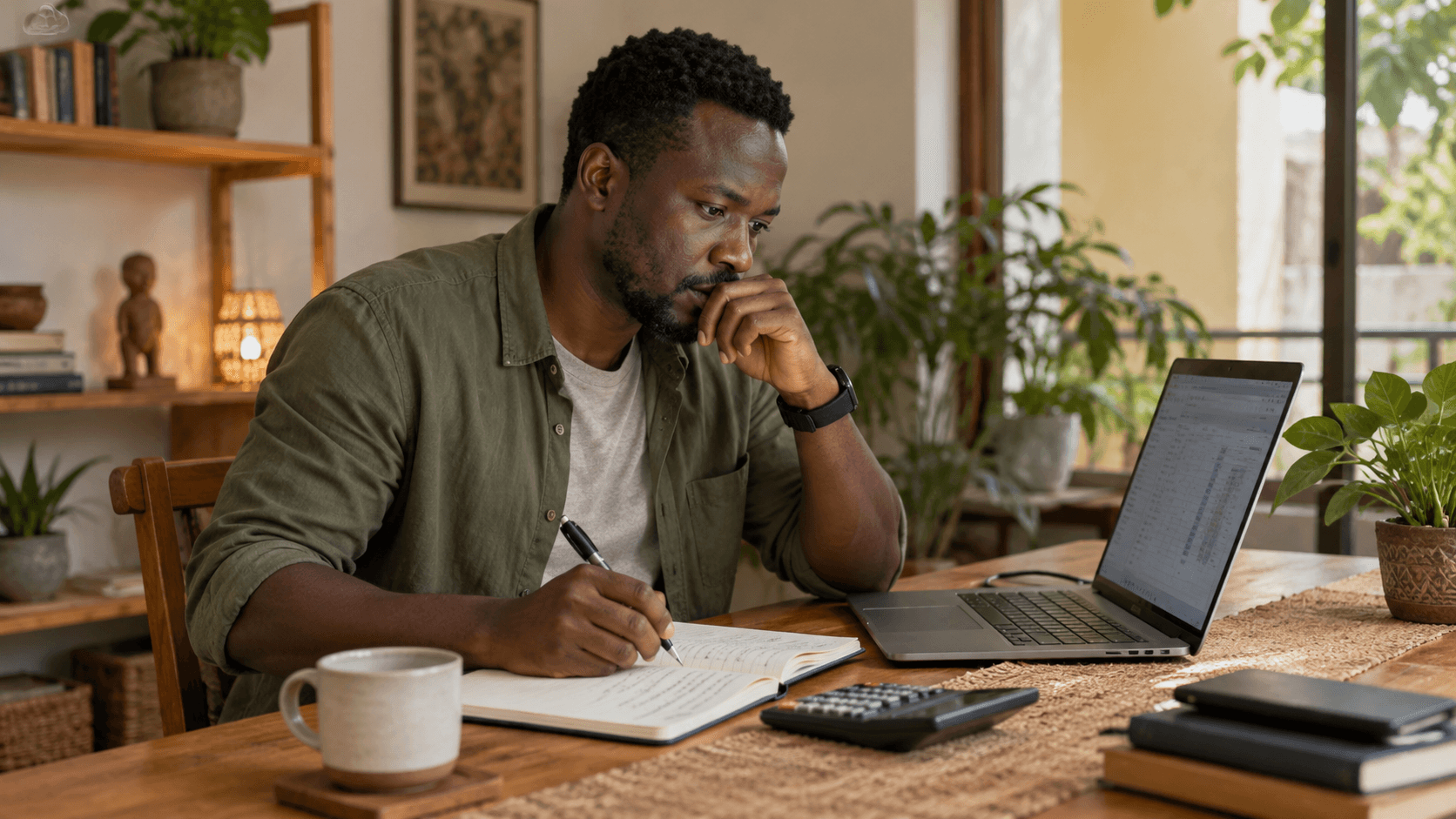 Digital nomad working at a desk with a laptop and notebook in a home office filled with plants.